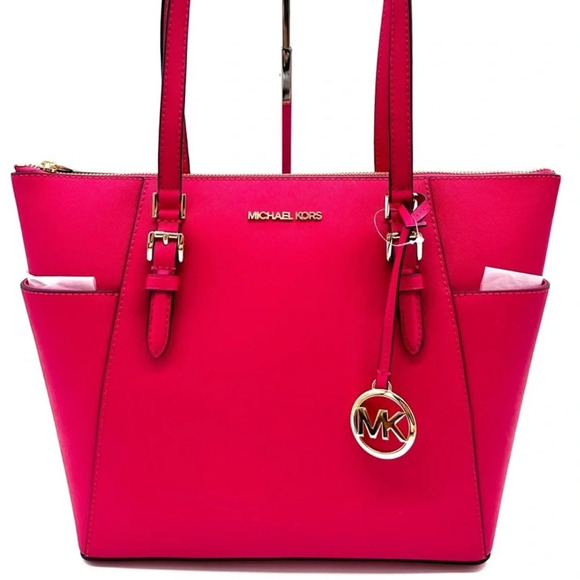 Michael Kors Large Charlotte Tote Bag Luggage Leather Electric Pink - Picture 1 of 12